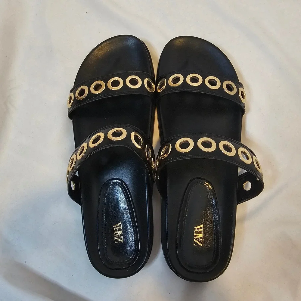 Zara Eyelet Grommet Double Strap Slide Sandals Womens 10 Black Gold Edgy Chic